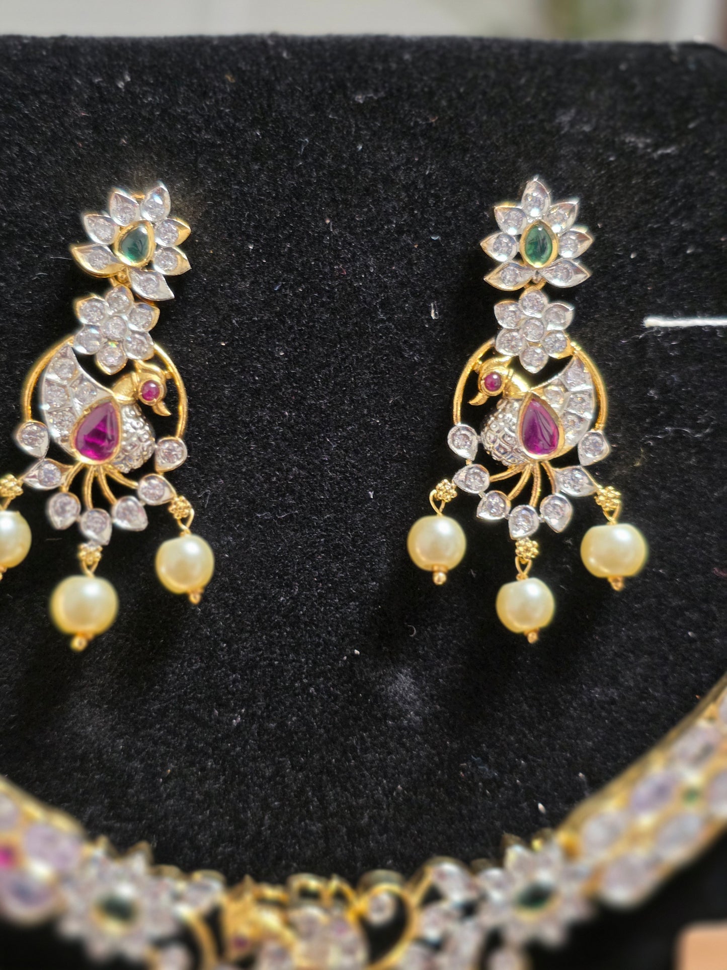 Adiga Peacock Motif Vintage Stone Necklace Set
