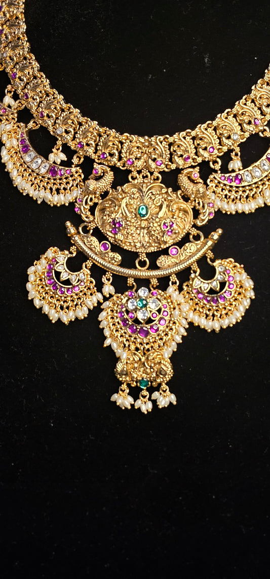 Antique Gold Replica Peacock Statement Necklace Set with Ruby & Emerald Kemp Stones