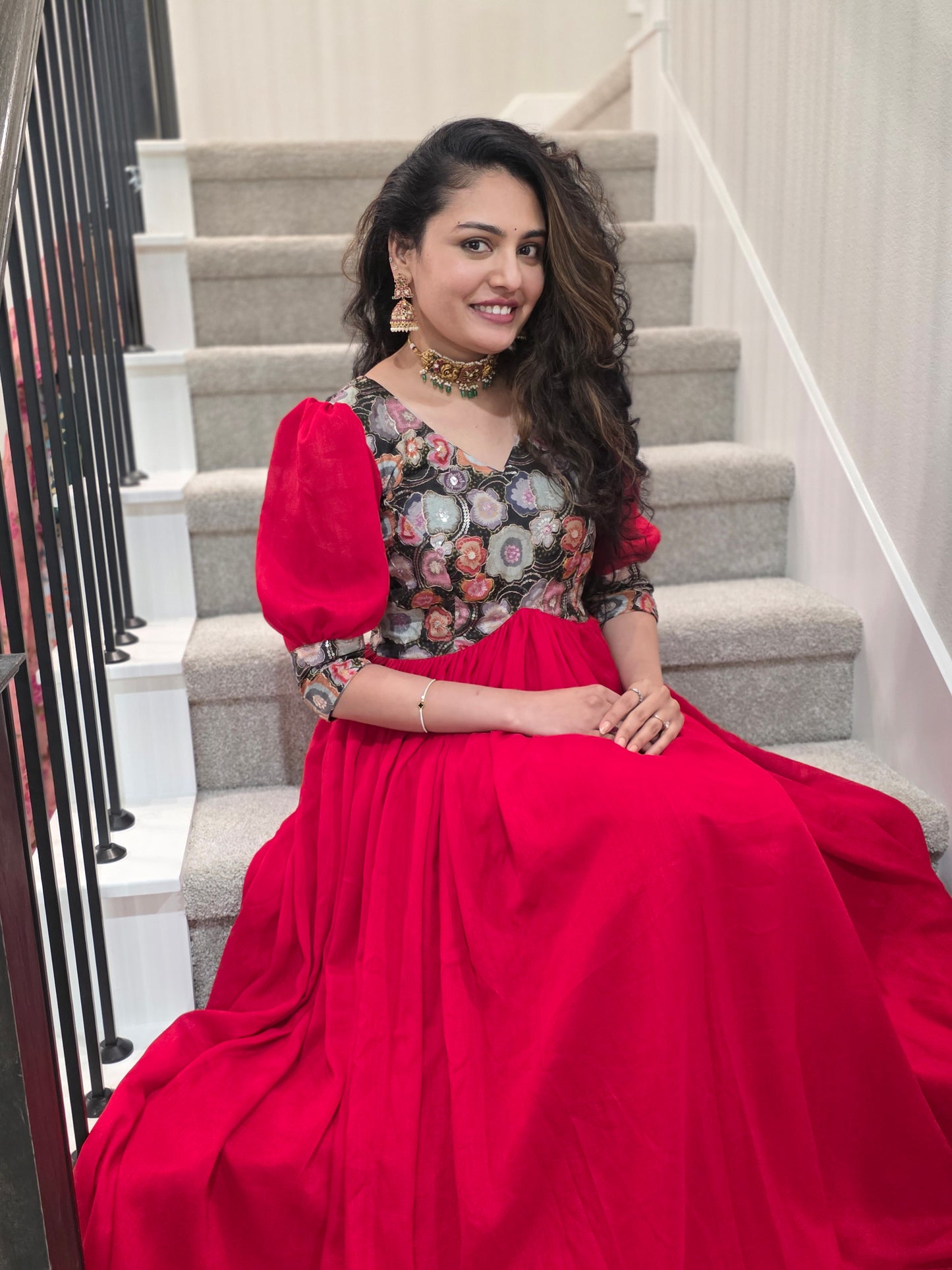 Custom Red Chinon Full Flare Frock with Position Print