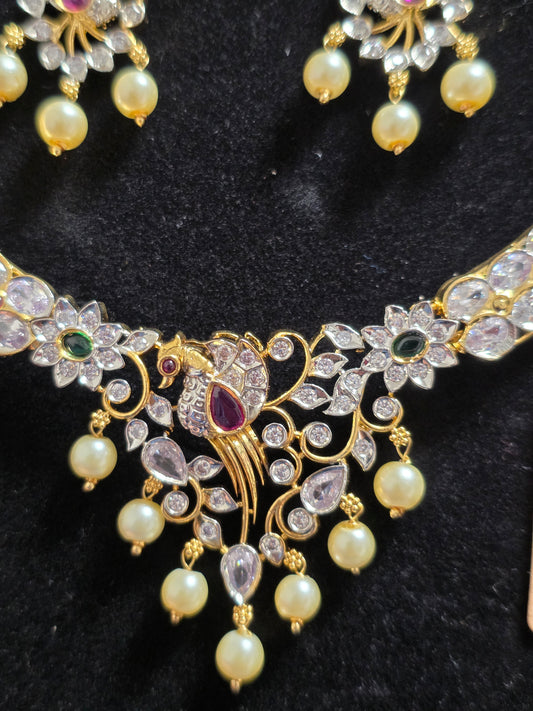 Adiga Peacock Motif Vintage Stone Necklace Set