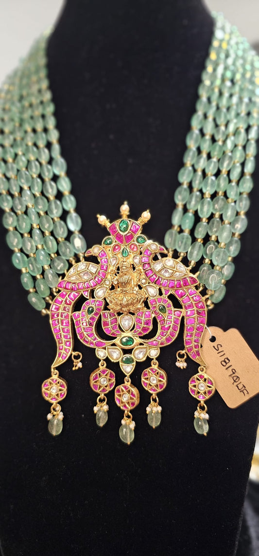 Jadau kundan Lakshmi brass pendent with multi layer original beads