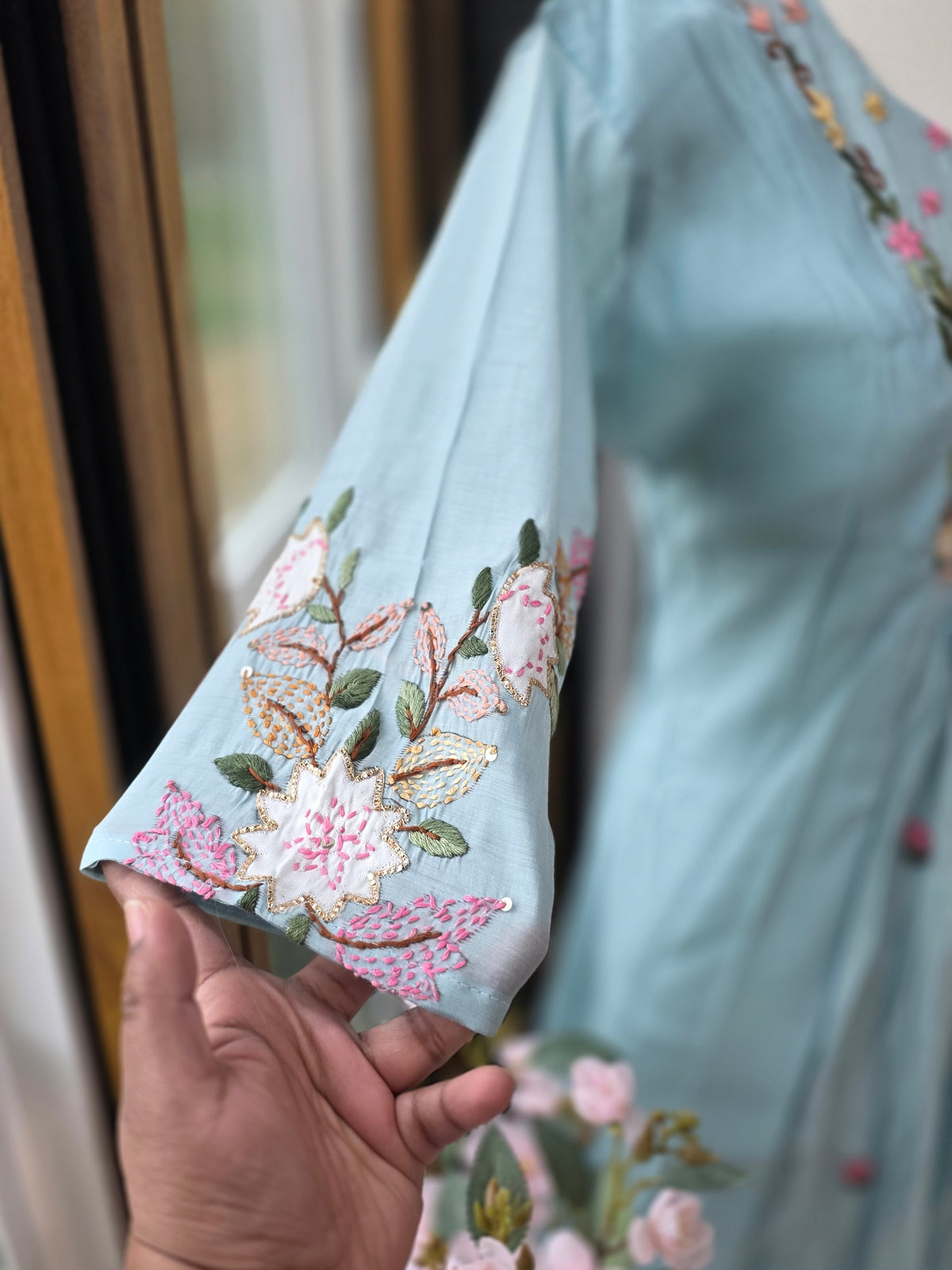 Soft elegant baby blue mull Chanderi 3pc set
