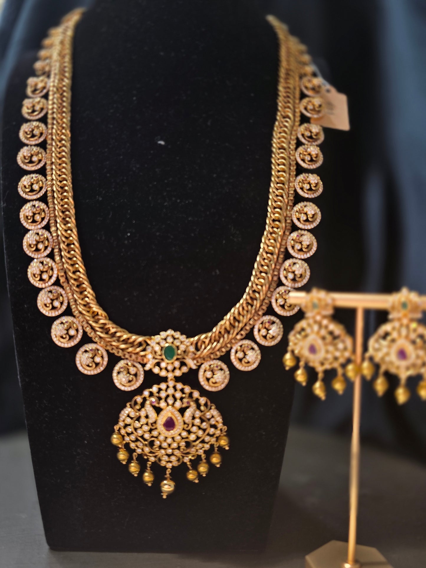 Antique Gold-Finish Gulabi & Bottu Mala Fusion Haram with Matching Earrings