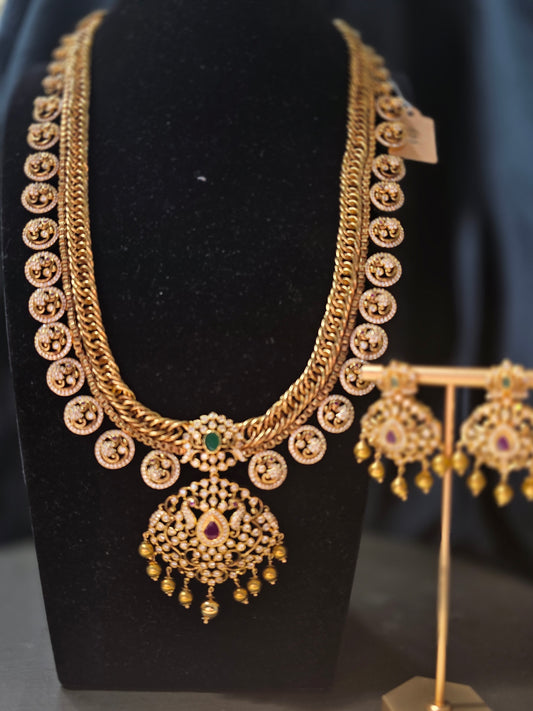 Antique Gold-Finish Gulabi & Bottu Mala Fusion Haram with Matching Earrings