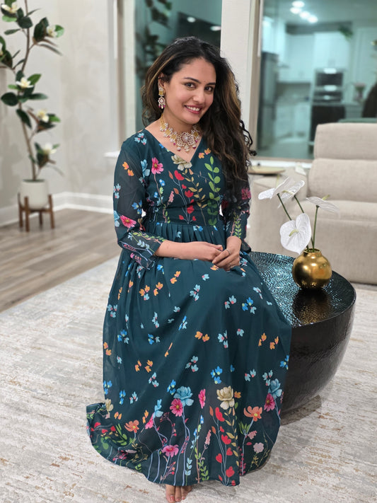 Floral Elegance Bottle Green Georgette Frock