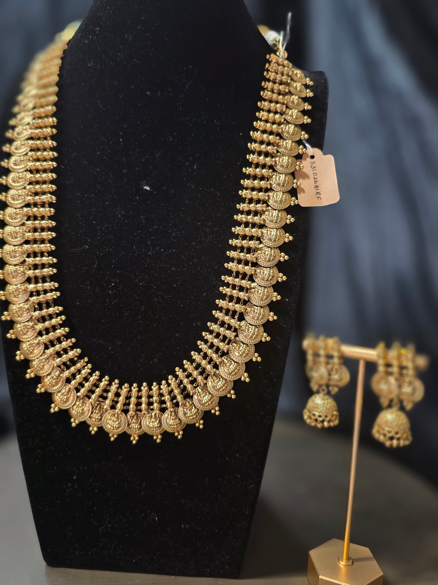 Traditional Kasu Mala Set with Matching Jhumka Earrings – Matte Gold Finish