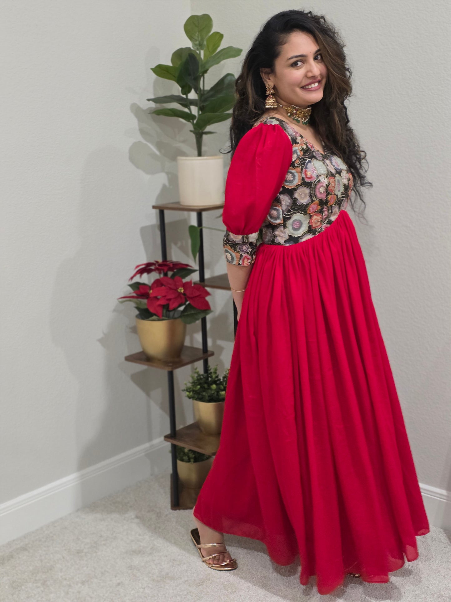 Custom Red Chinon Full Flare Frock with Position Print