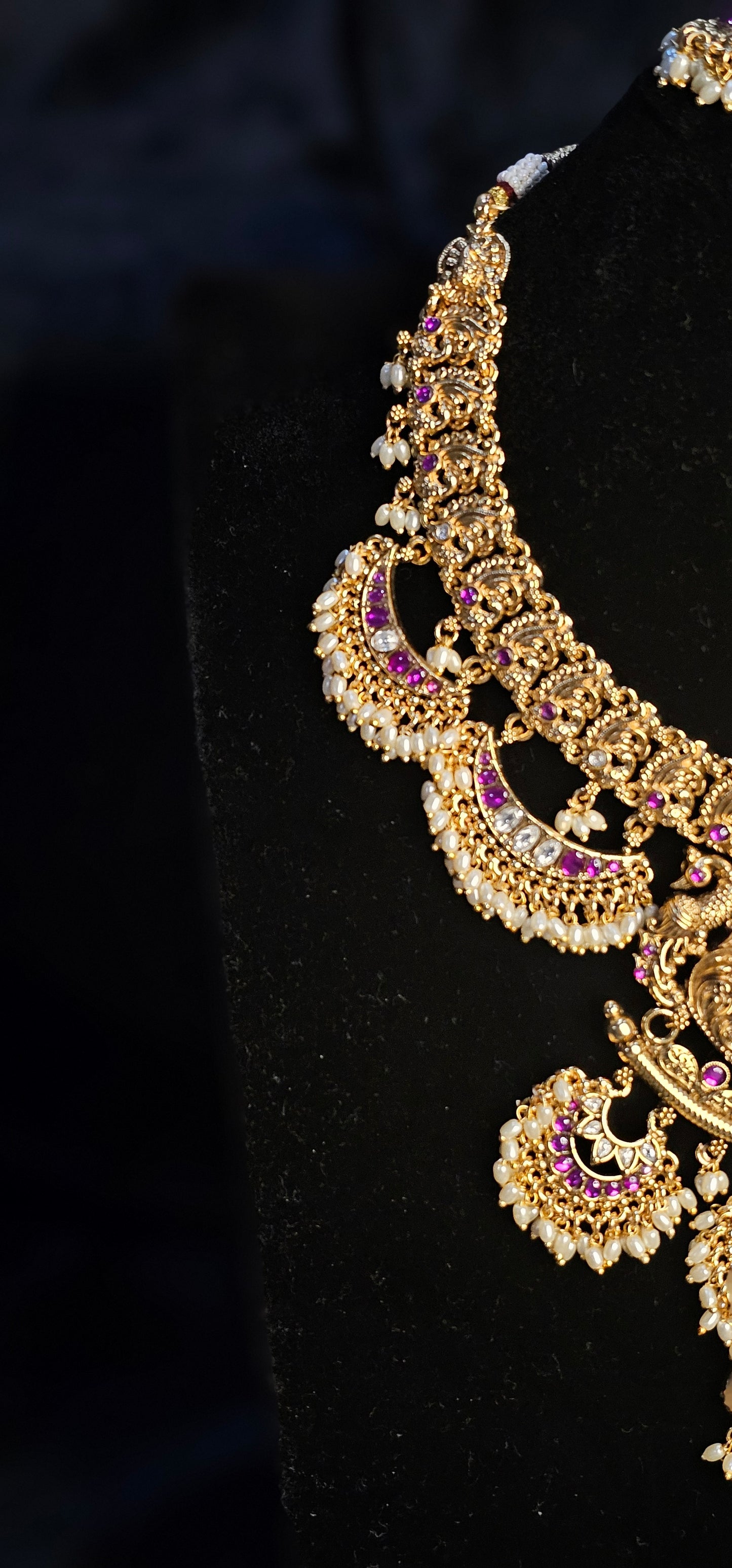 Antique Gold Replica Peacock Statement Necklace Set with Ruby & Emerald Kemp Stones