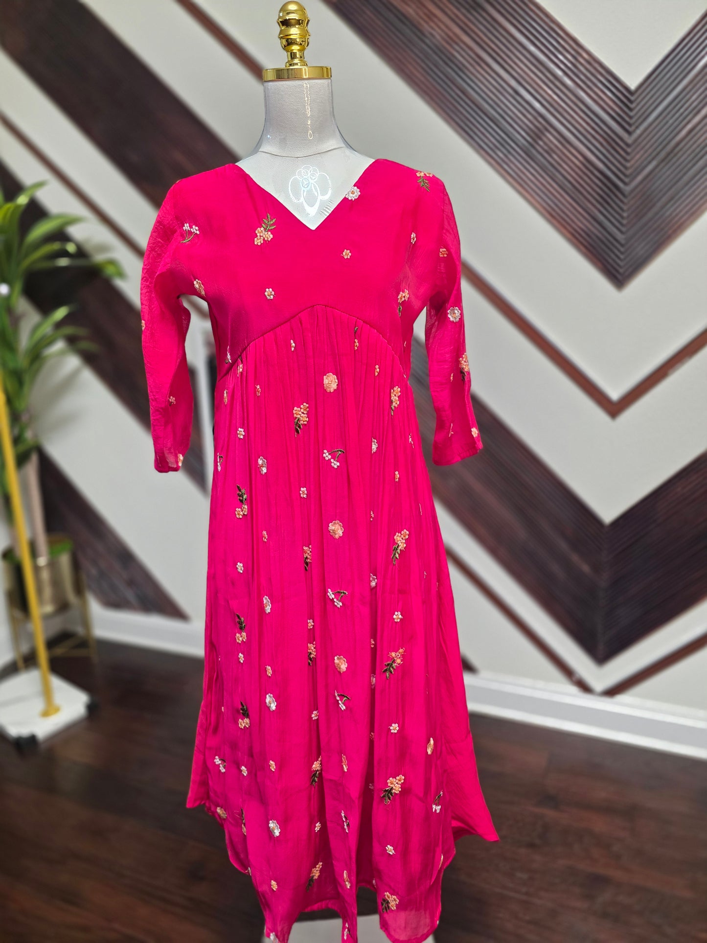 Trendy Chanderi Silk Tunic Frock – Hand-Embroidered Floral Collection