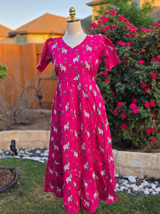 Pink Pichwai Cow and lotus Print Cotton Frock