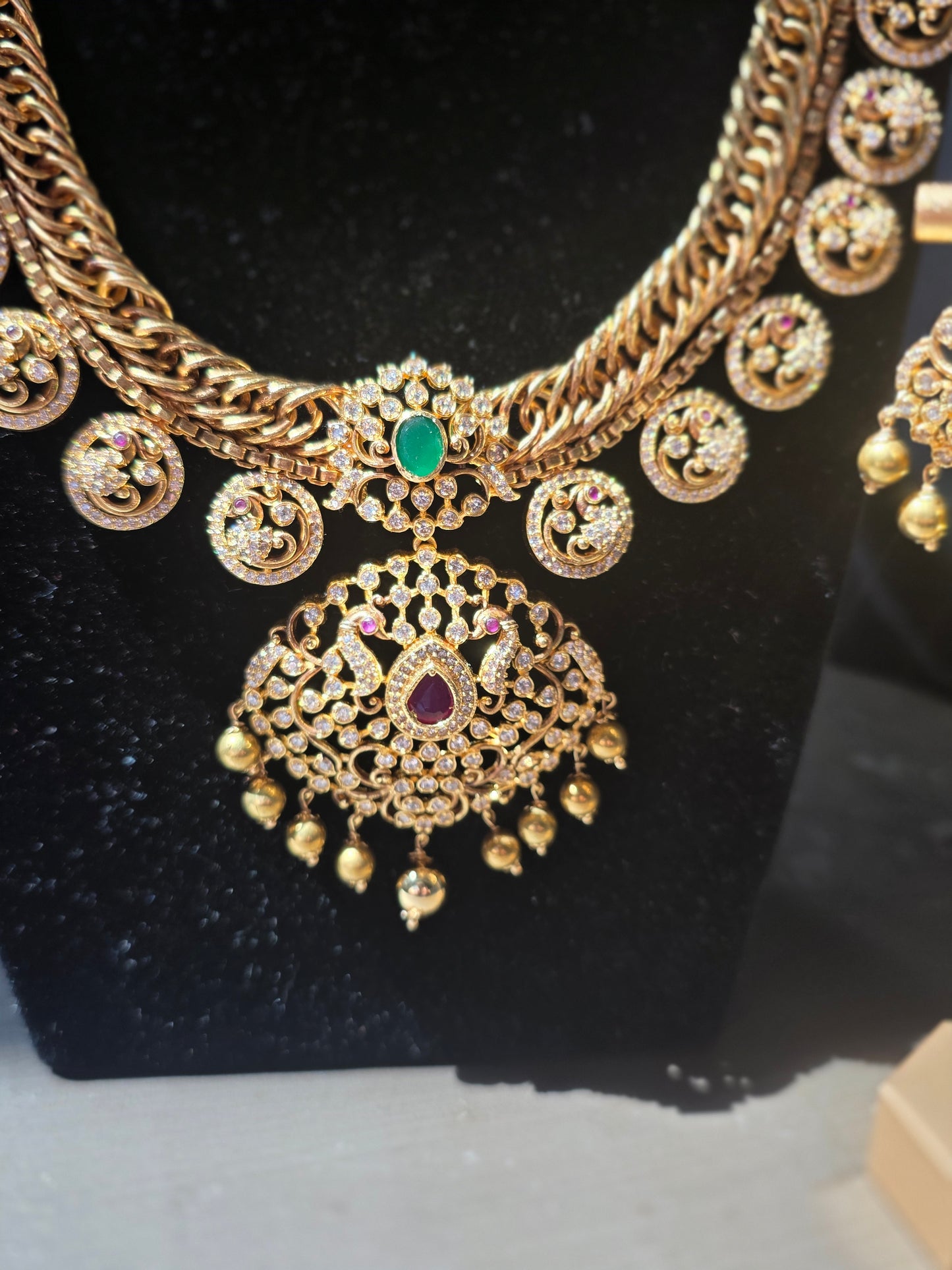 Antique Gold-Finish Gulabi & Bottu Mala Fusion Haram with Matching Earrings