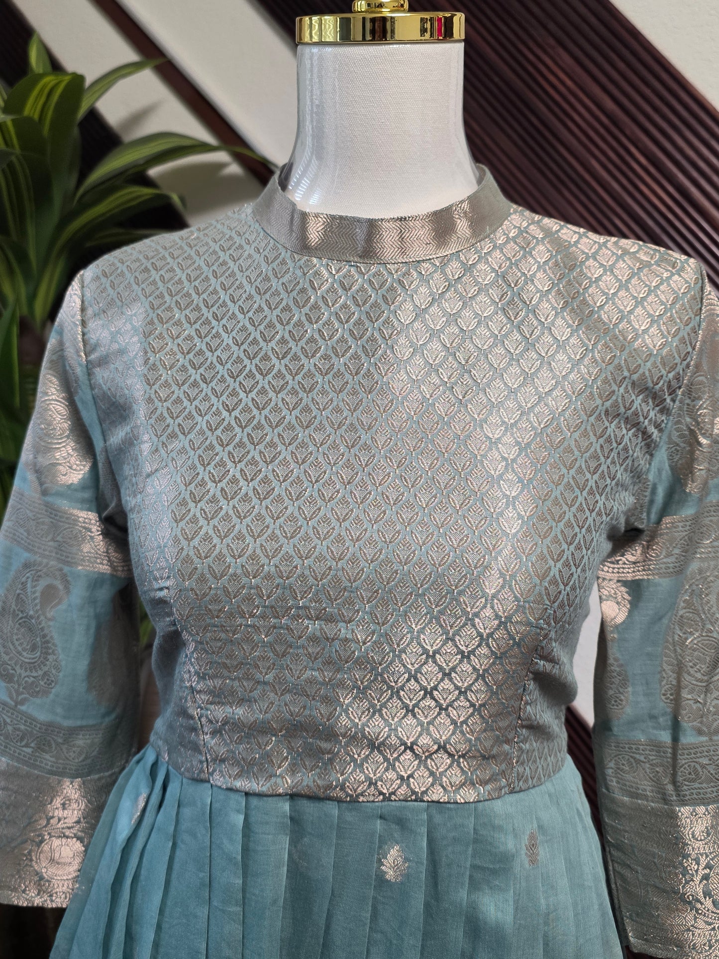 Chanderi cotton light powder blue pleated zero neck full length customized dress