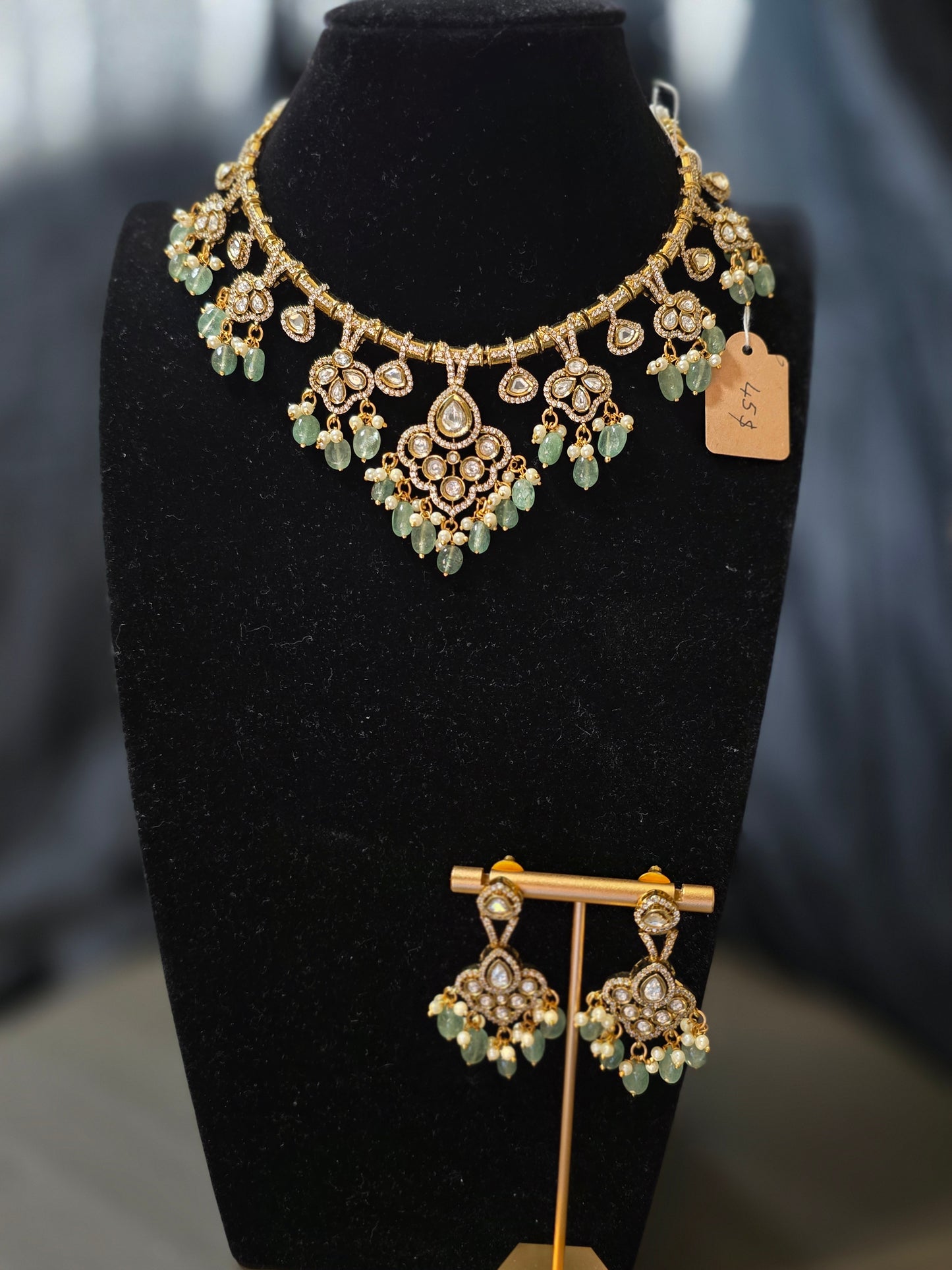 Moissanite Stone Fusion Necklace & Earring Set – Mint Green Edition