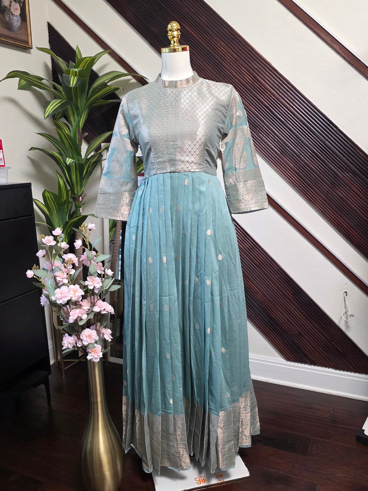 Chanderi cotton light powder blue pleated zero neck full length customized dress