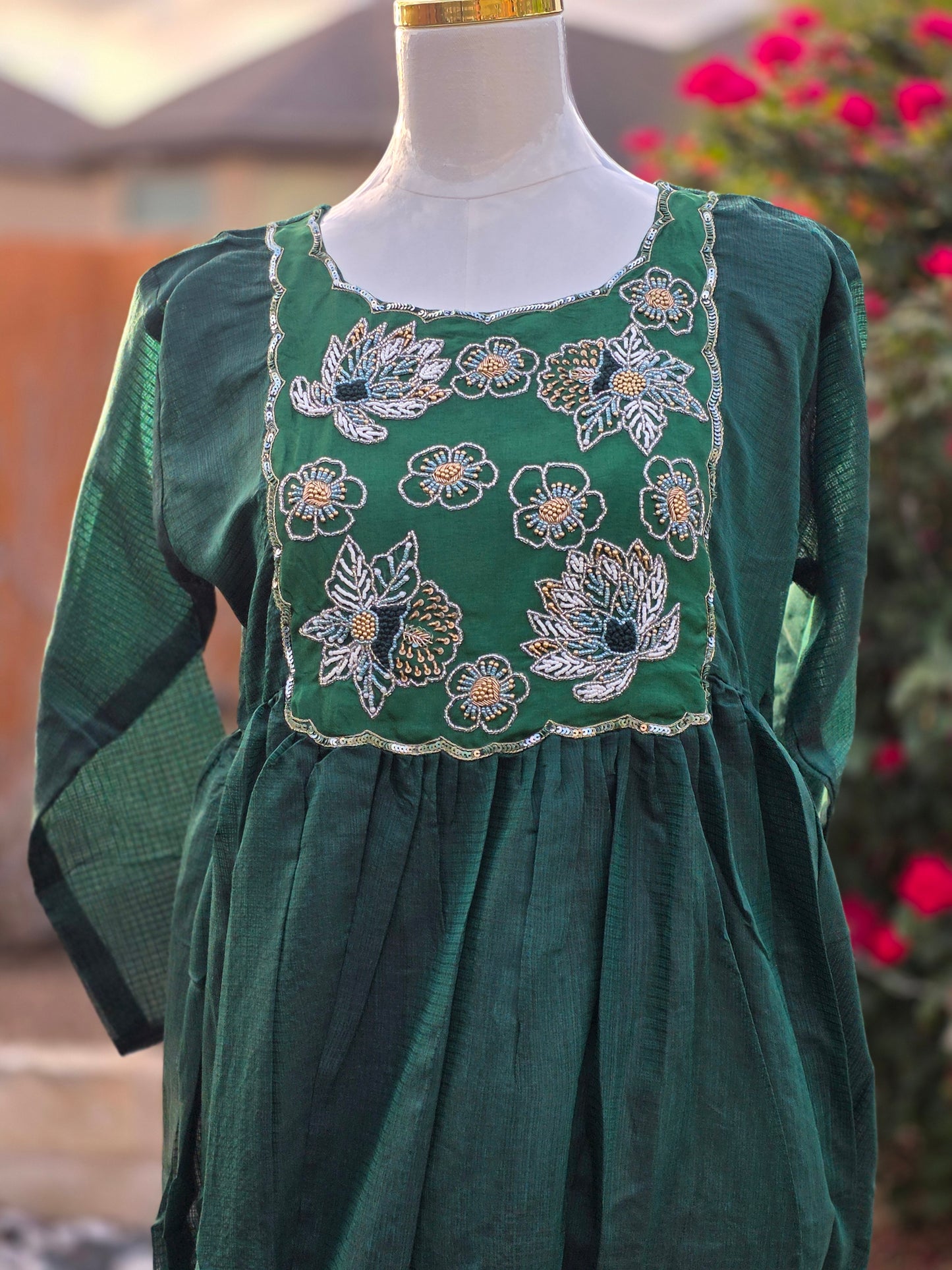 Emerald Garden Kota cotton Embroidered Frock – Bottle Green