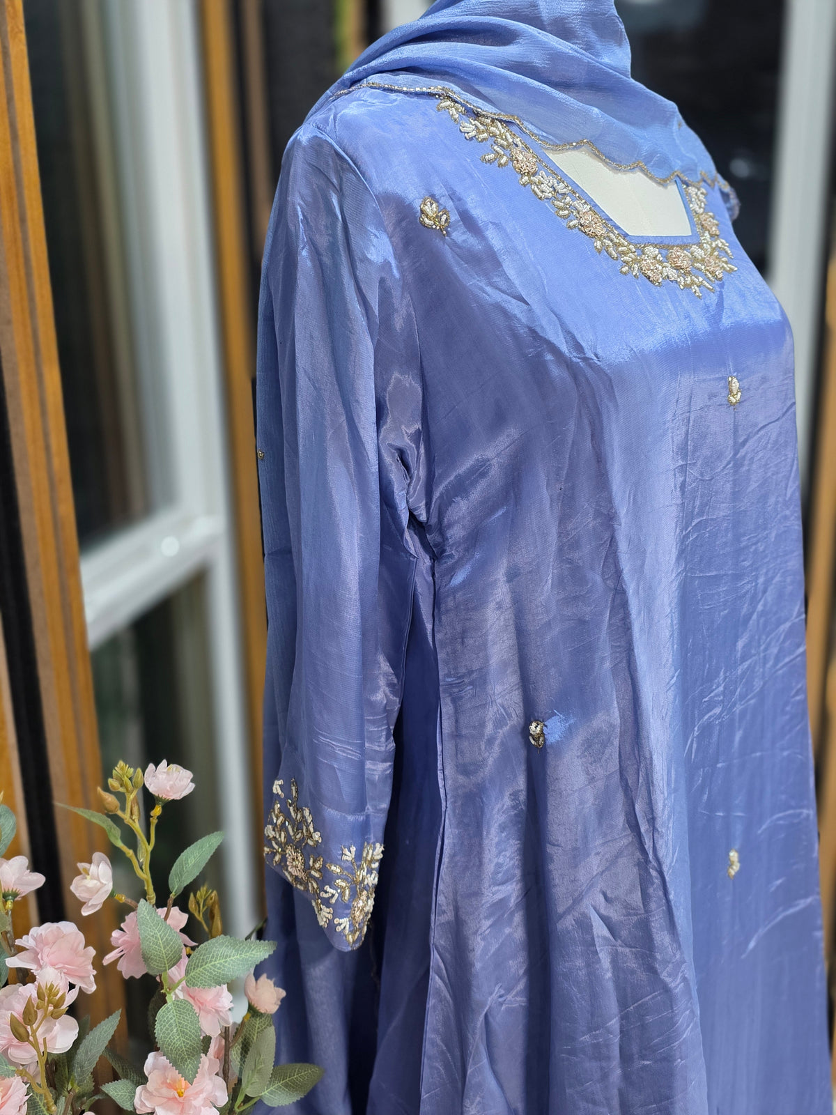 Elegant Crepe Tissue Shine A-Line 3-Piece Suit Set with Embroidered Bottoms
