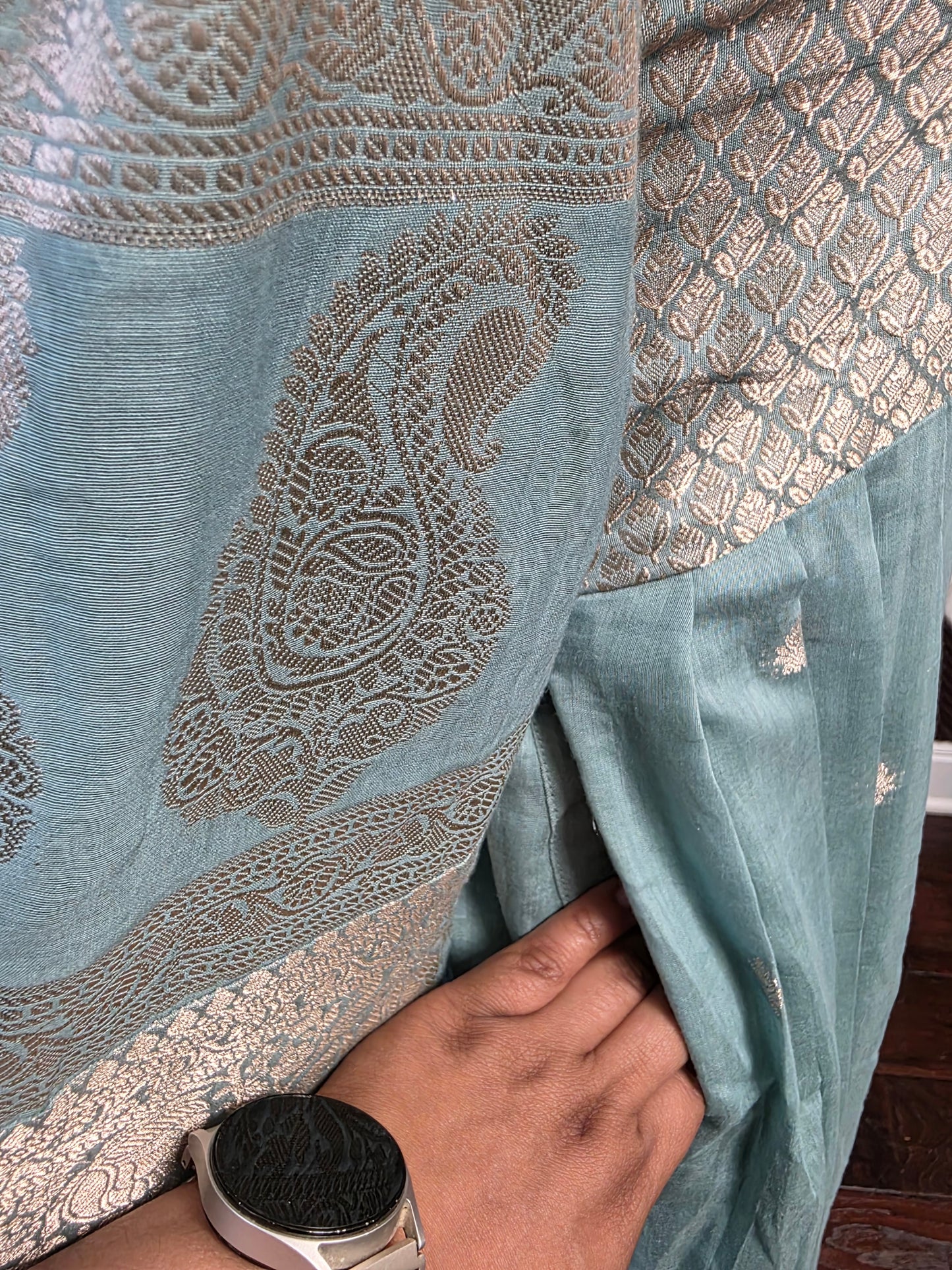 Chanderi cotton light powder blue pleated zero neck full length customized dress