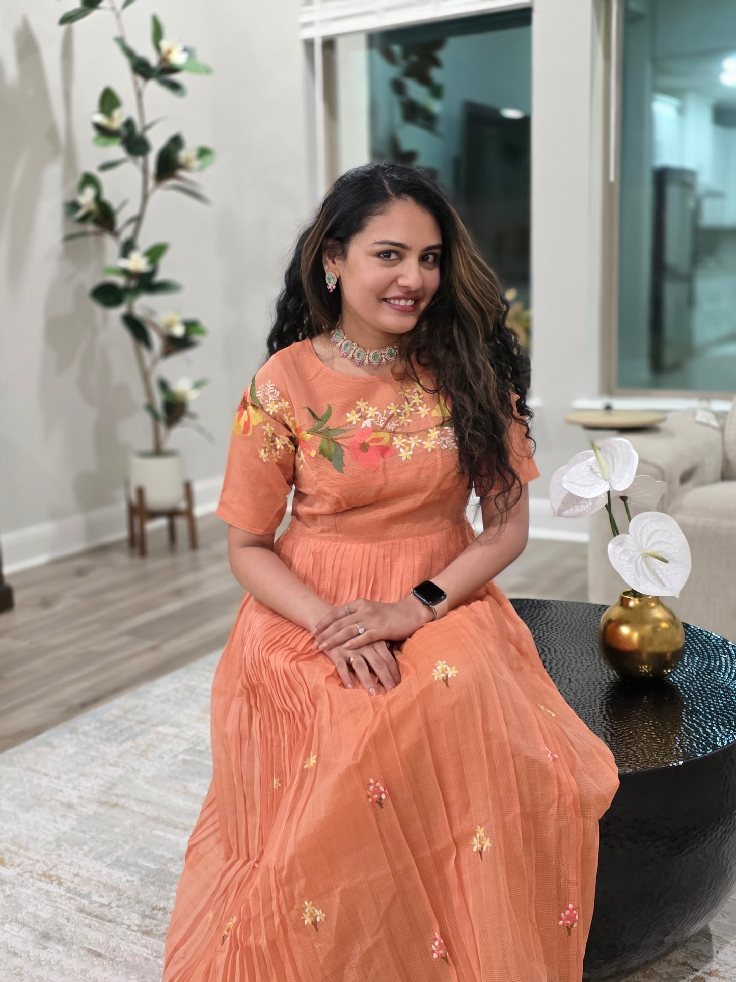 Peach Kota Thread Embroidery Pleated Midi Frock