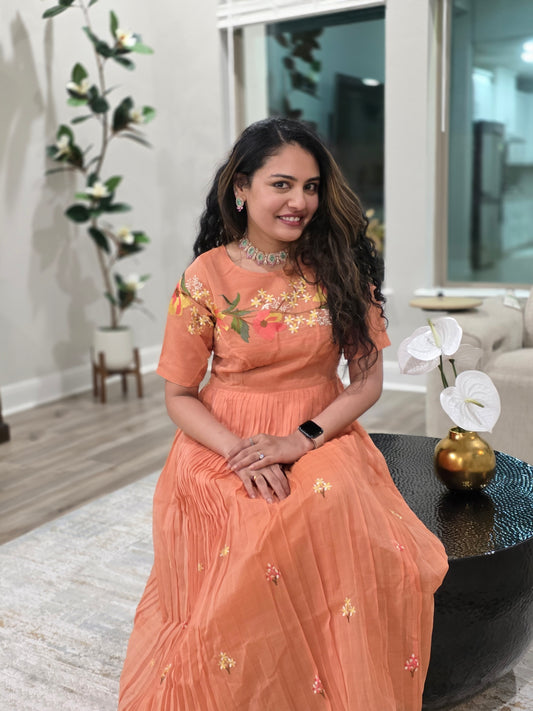 Peach Kota Thread Embroidery Pleated Midi Frock