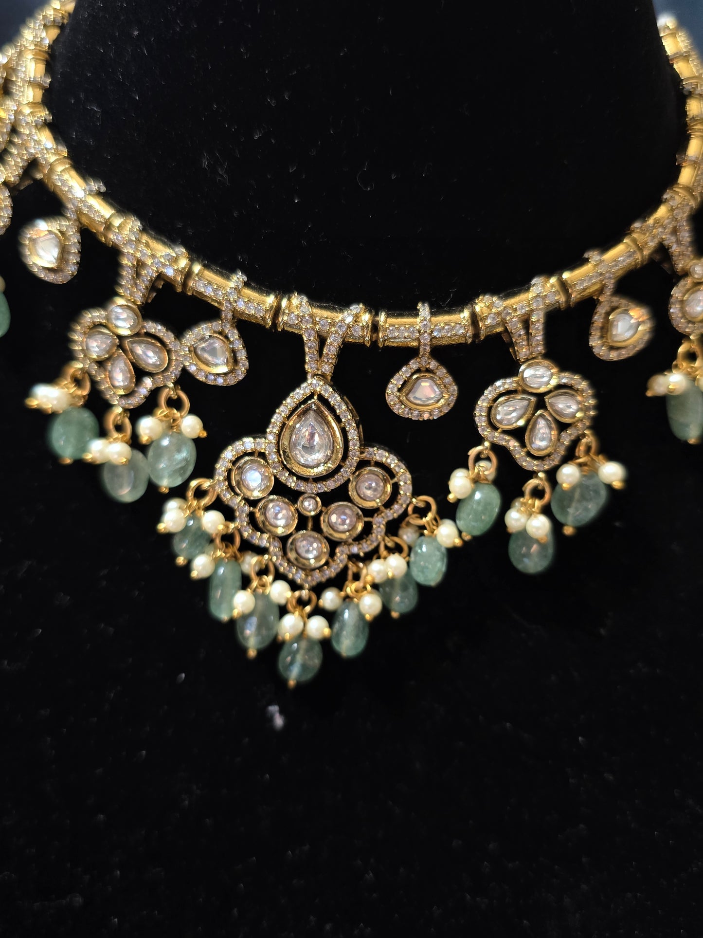 Moissanite Stone Fusion Necklace & Earring Set – Mint Green Edition