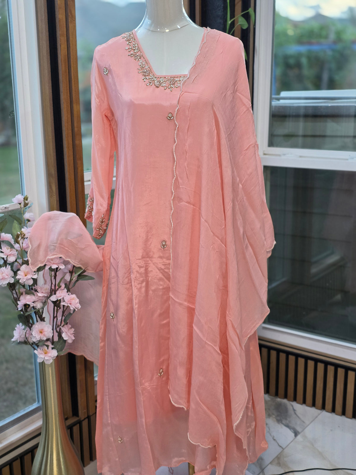 Elegant Crepe Tissue Shine A-Line 3-Piece Suit Set with Embroidered Bottoms