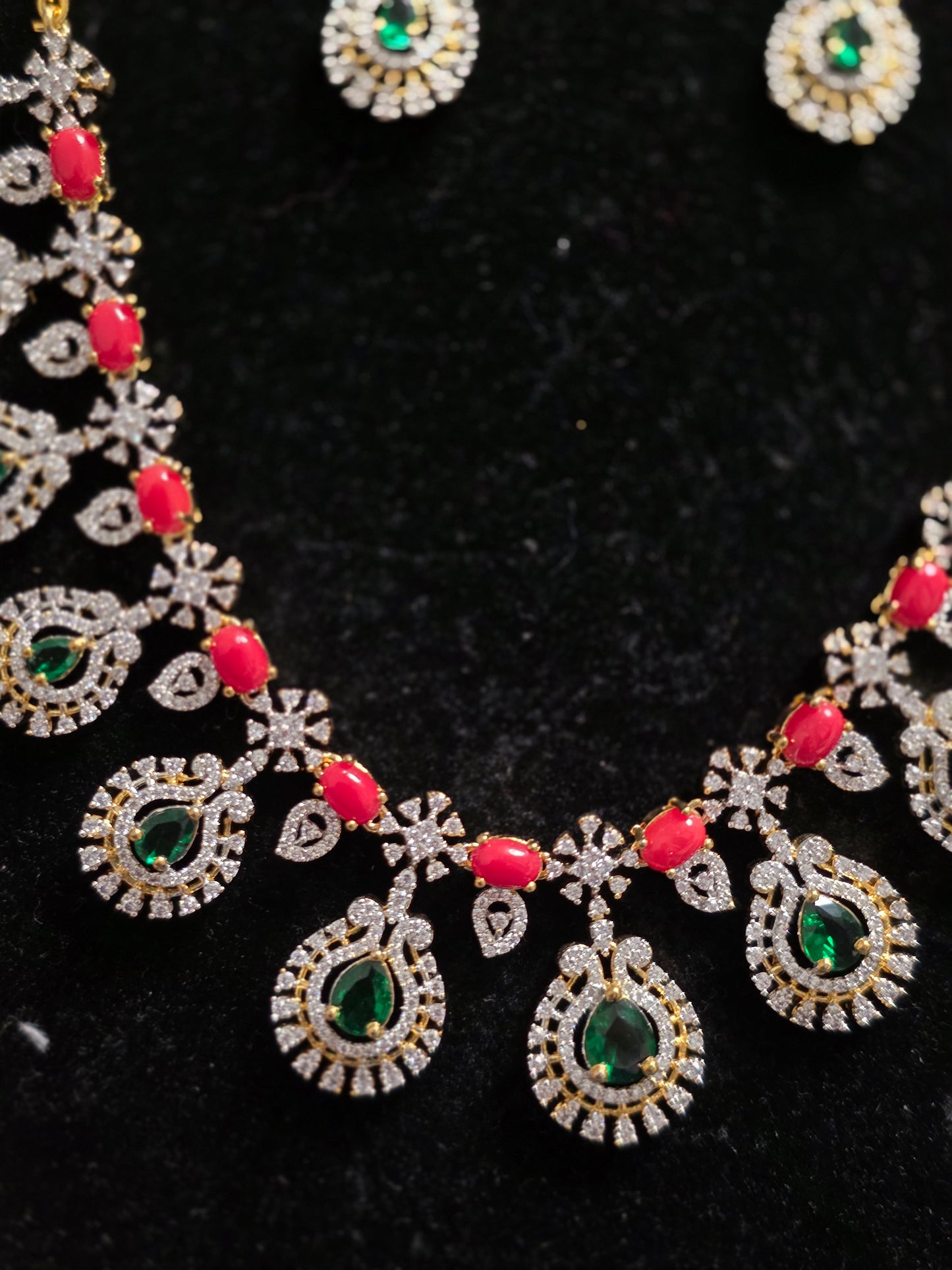 Elegant Coral & Emerald-Green Stone Necklace Set with Matching Earrings