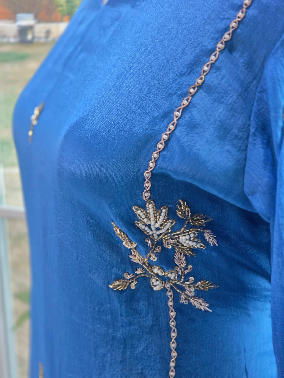 Royal Blue Chinon Silk Hand-Embroidered Suit Set with Dupatta & Pants – 3 Piece Partywear