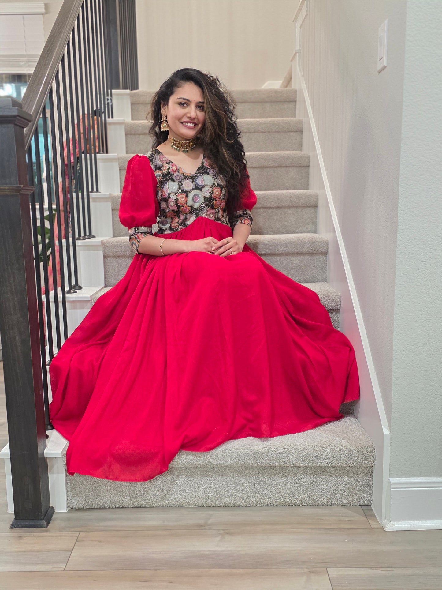 Custom Red Chinon Full Flare Frock with Position Print