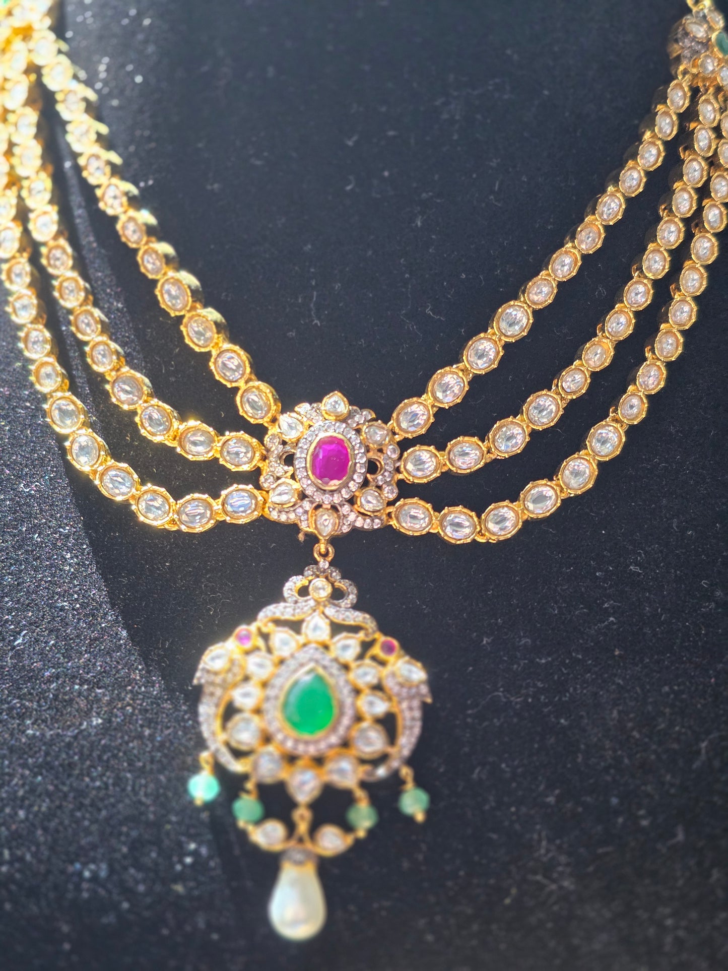 3-Layered Moissanite Rani Necklace with Victorian Finish Locket Set