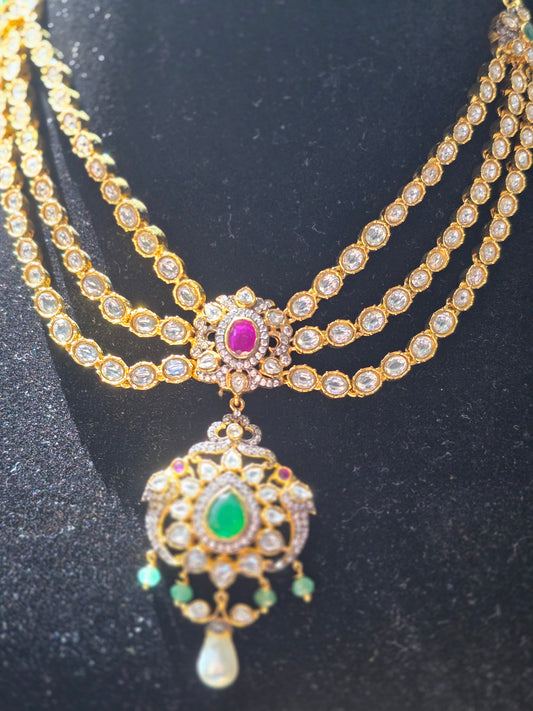 3-Layered Moissanite Rani Necklace with Victorian Finish Locket Set
