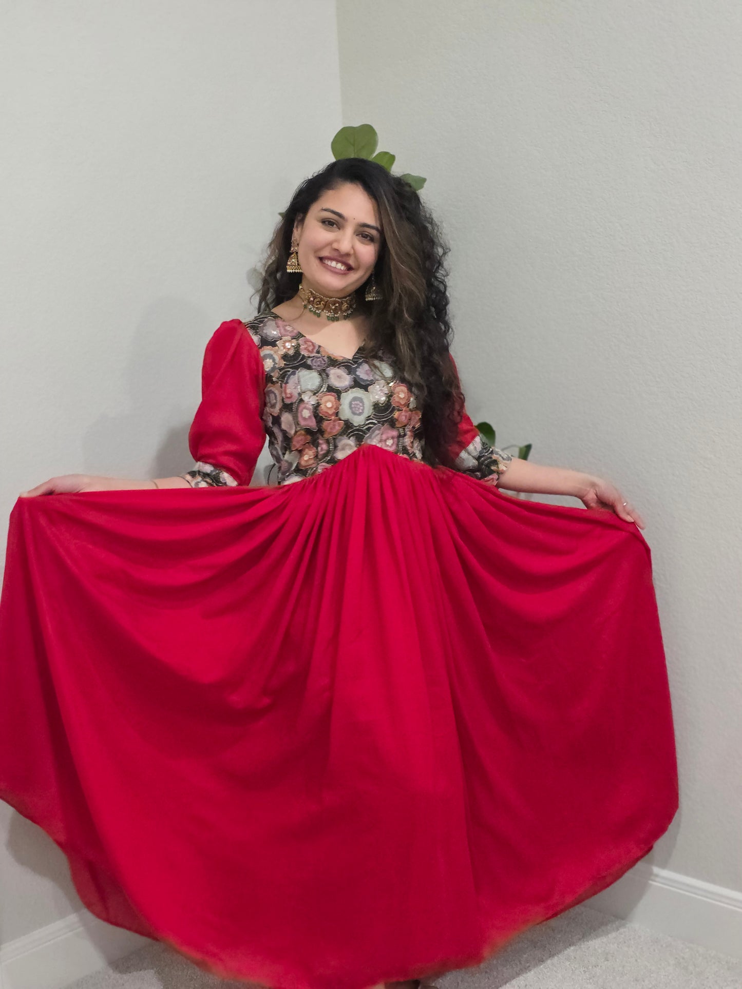 Custom Red Chinon Full Flare Frock with Position Print
