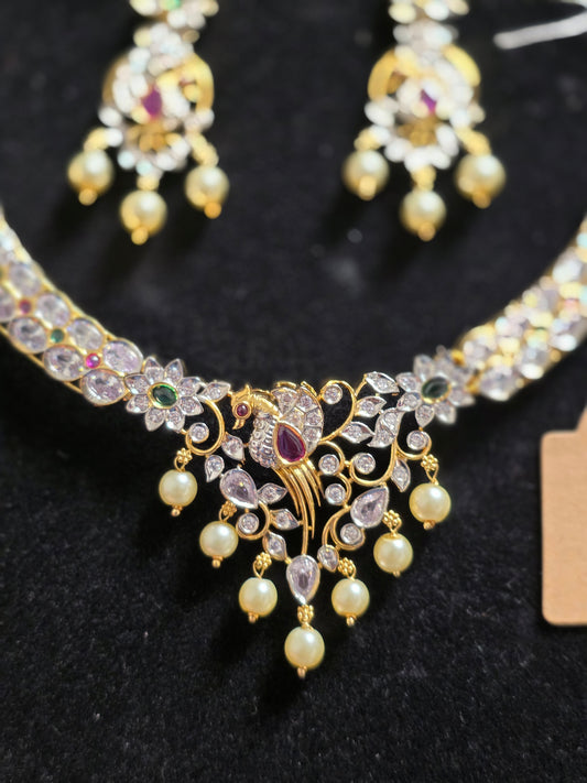 Adiga Peacock Motif Vintage Stone Necklace Set