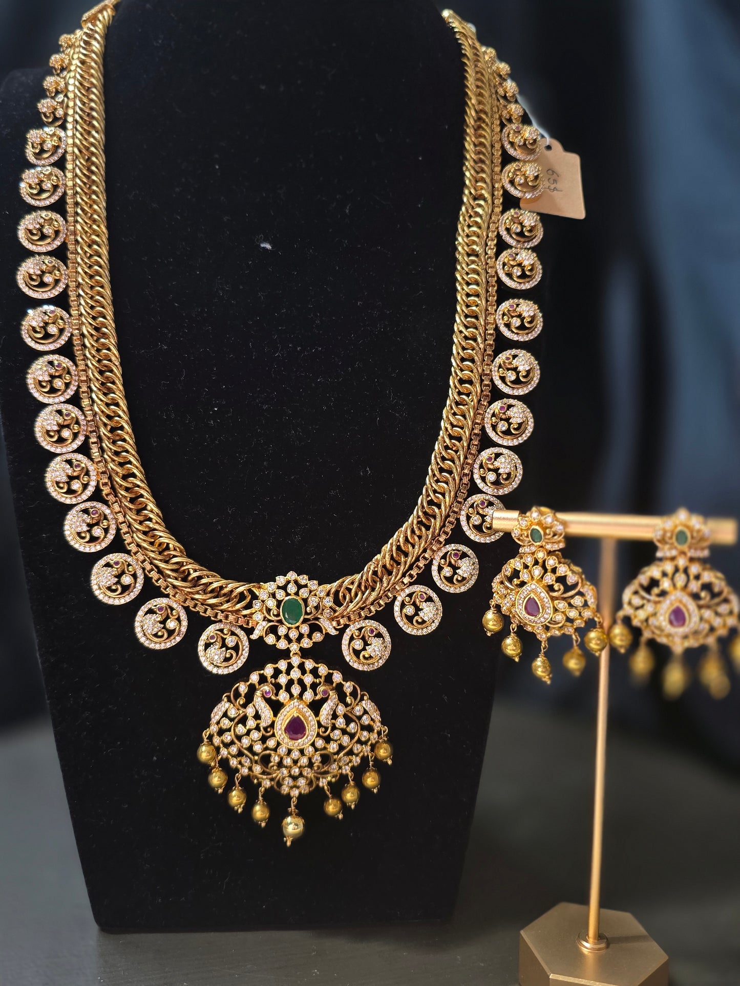 Antique Gold-Finish Gulabi & Bottu Mala Fusion Haram with Matching Earrings