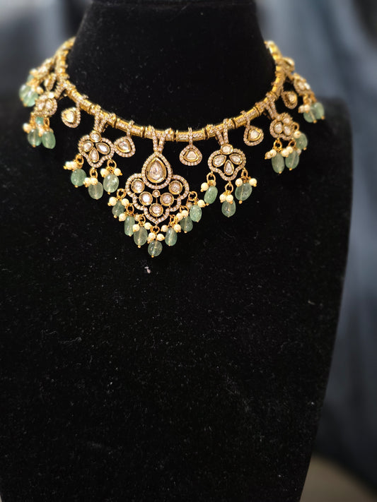 Moissanite Stone Fusion Necklace & Earring Set – Mint Green Edition