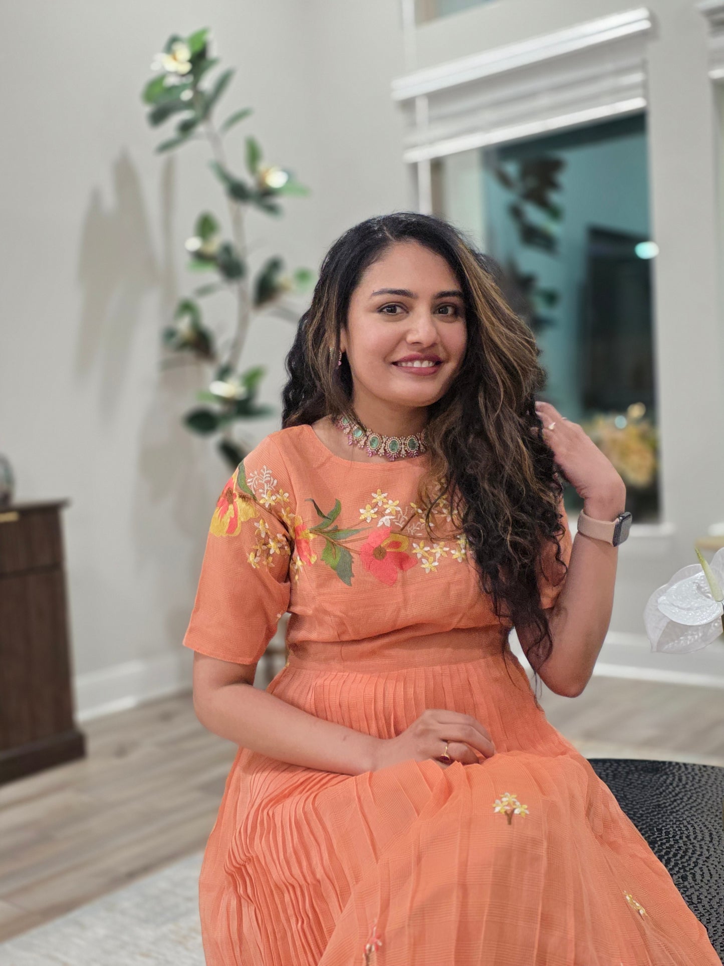 Peach Kota Thread Embroidery Pleated Midi Frock