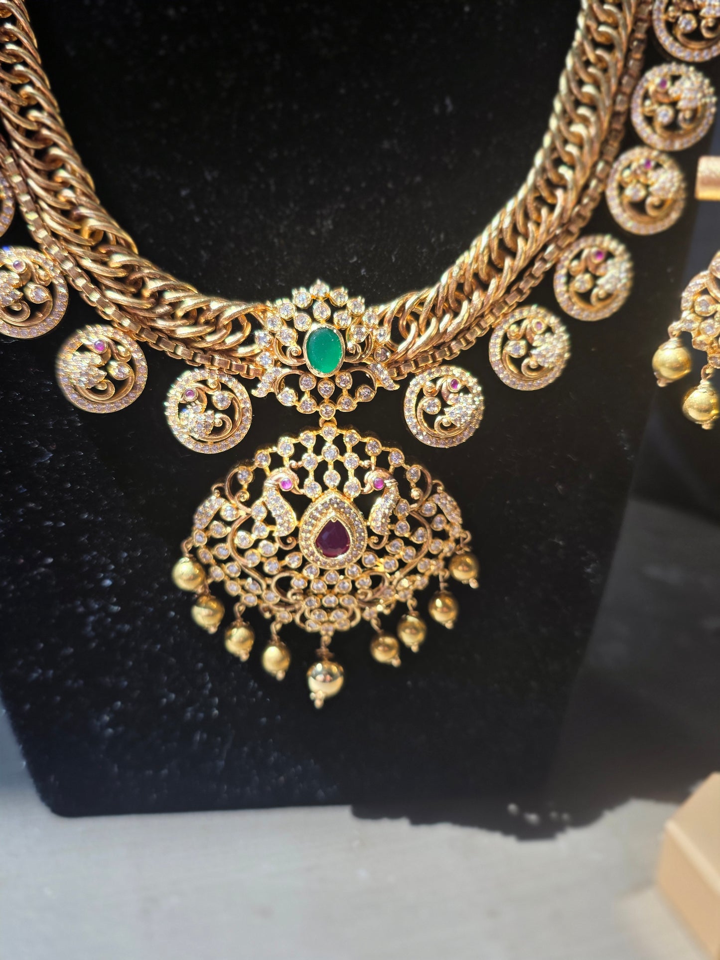 Antique Gold-Finish Gulabi & Bottu Mala Fusion Haram with Matching Earrings