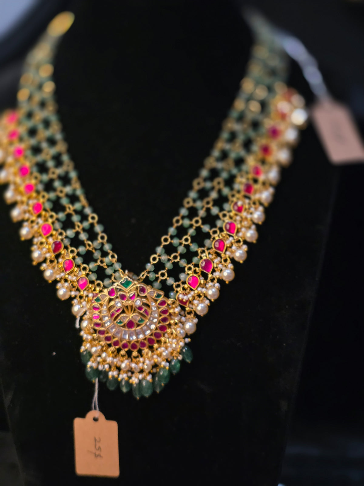 Mesh model beads with jadau kundan and pearl hanging necklace and jadau kundan brass pendent seperate