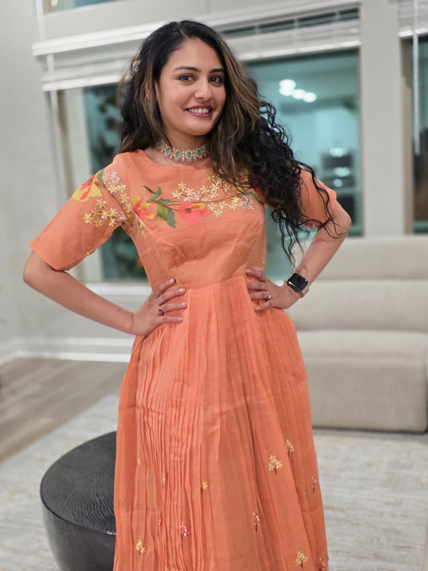 Peach Kota Thread Embroidery Pleated Midi Frock