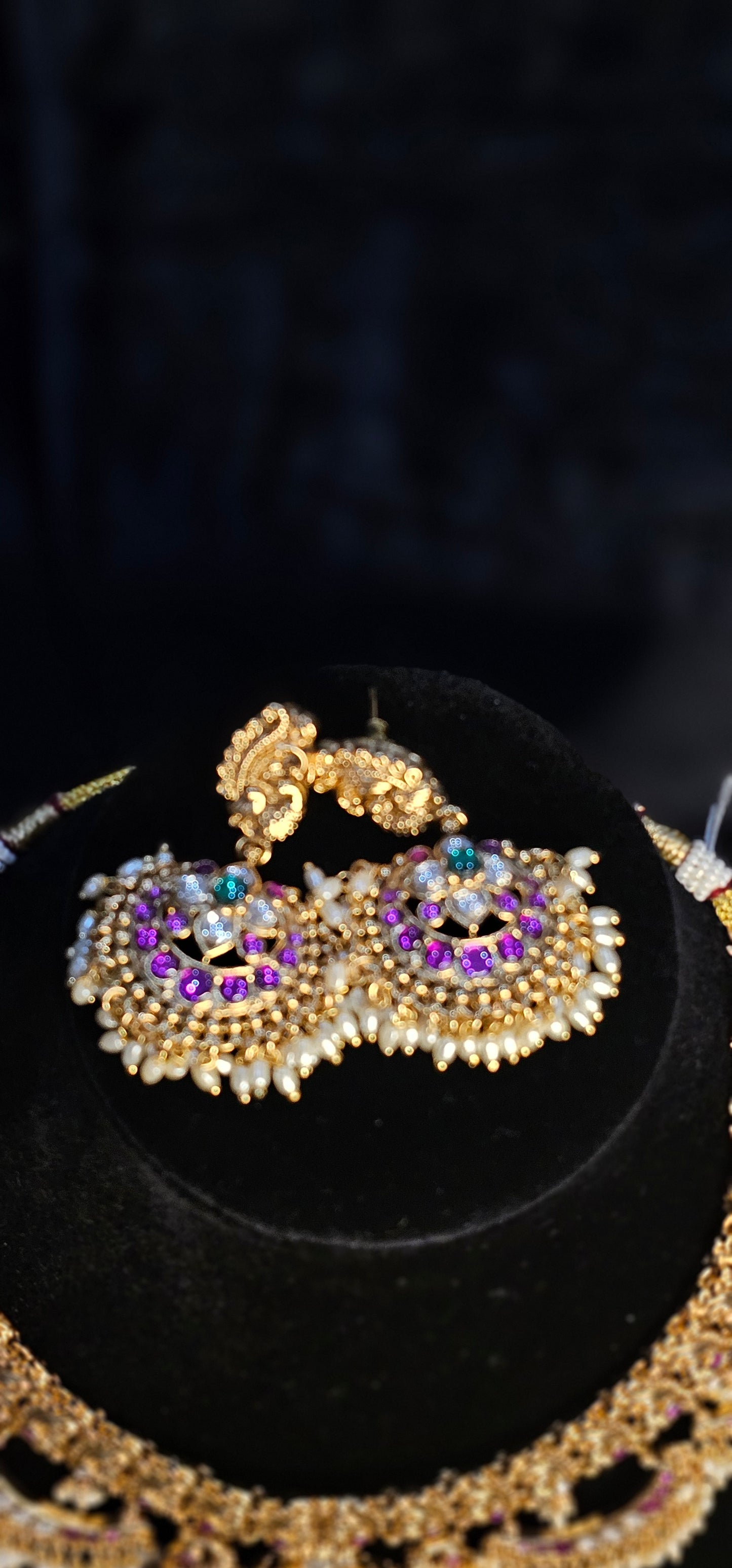Antique Gold Replica Peacock Statement Necklace Set with Ruby & Emerald Kemp Stones