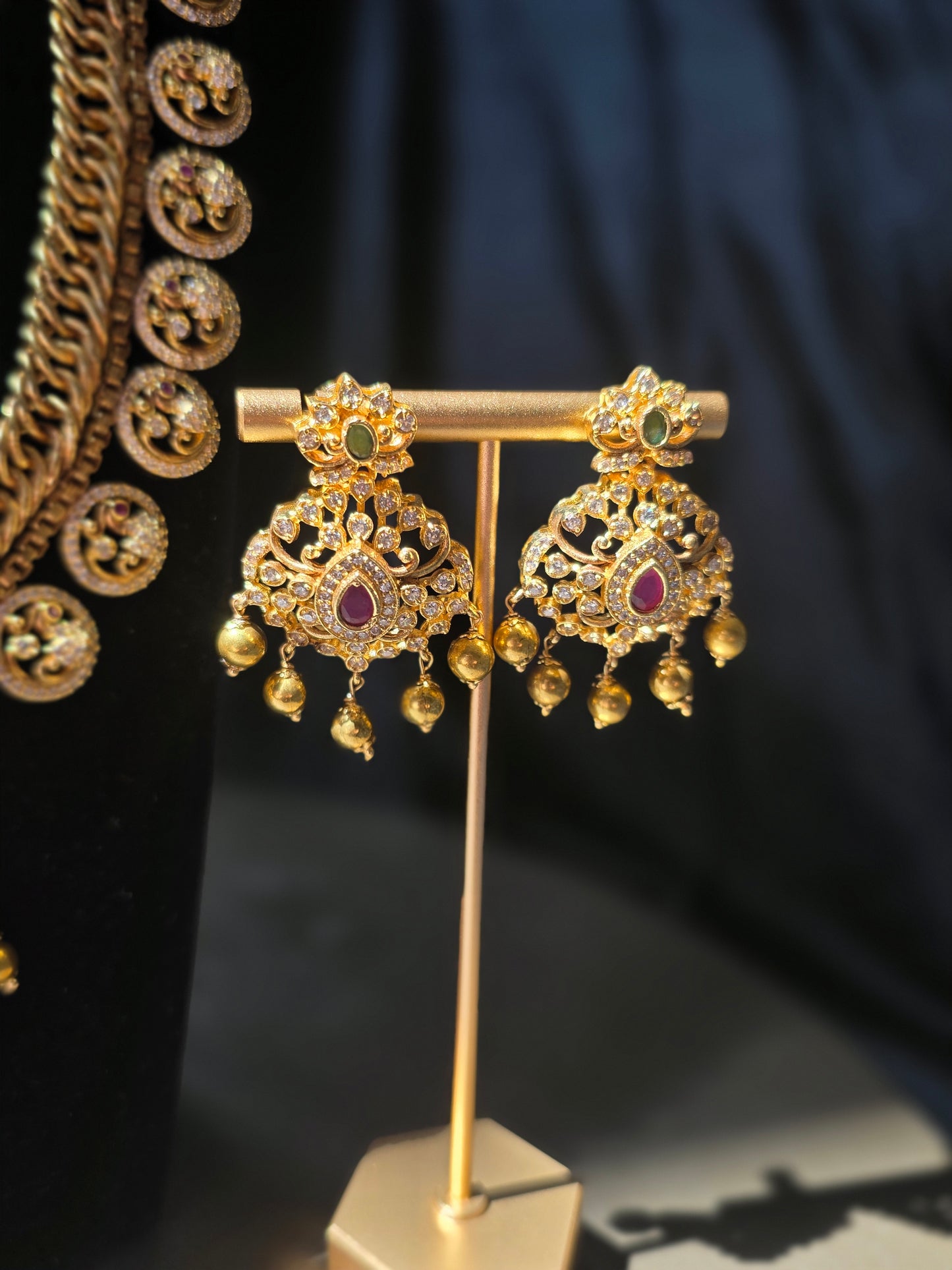 Antique Gold-Finish Gulabi & Bottu Mala Fusion Haram with Matching Earrings