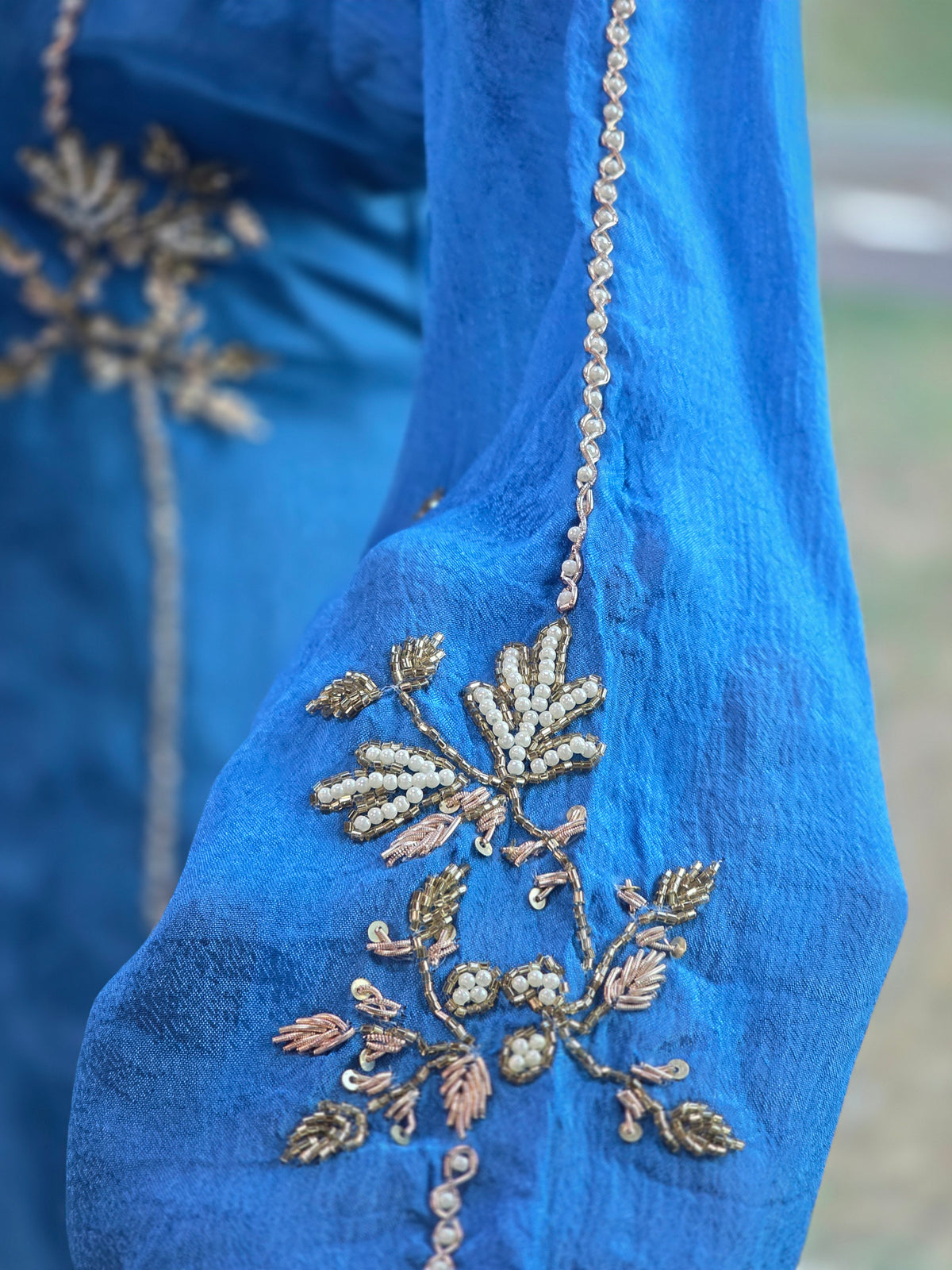 Royal Blue Chinon Silk Hand-Embroidered Suit Set with Dupatta & Pants – 3 Piece Partywear