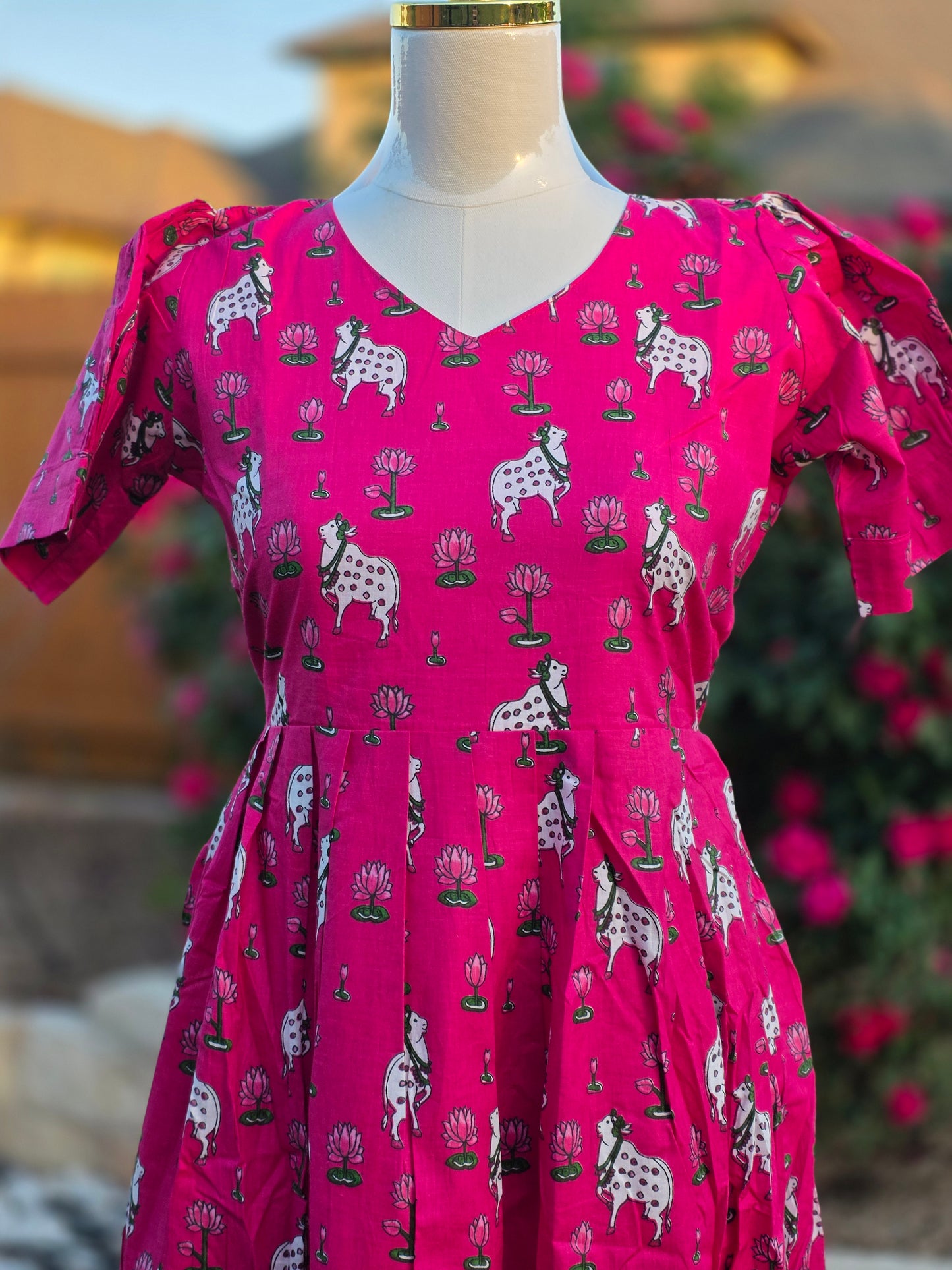 Pink Pichwai Cow and lotus Print Cotton Frock