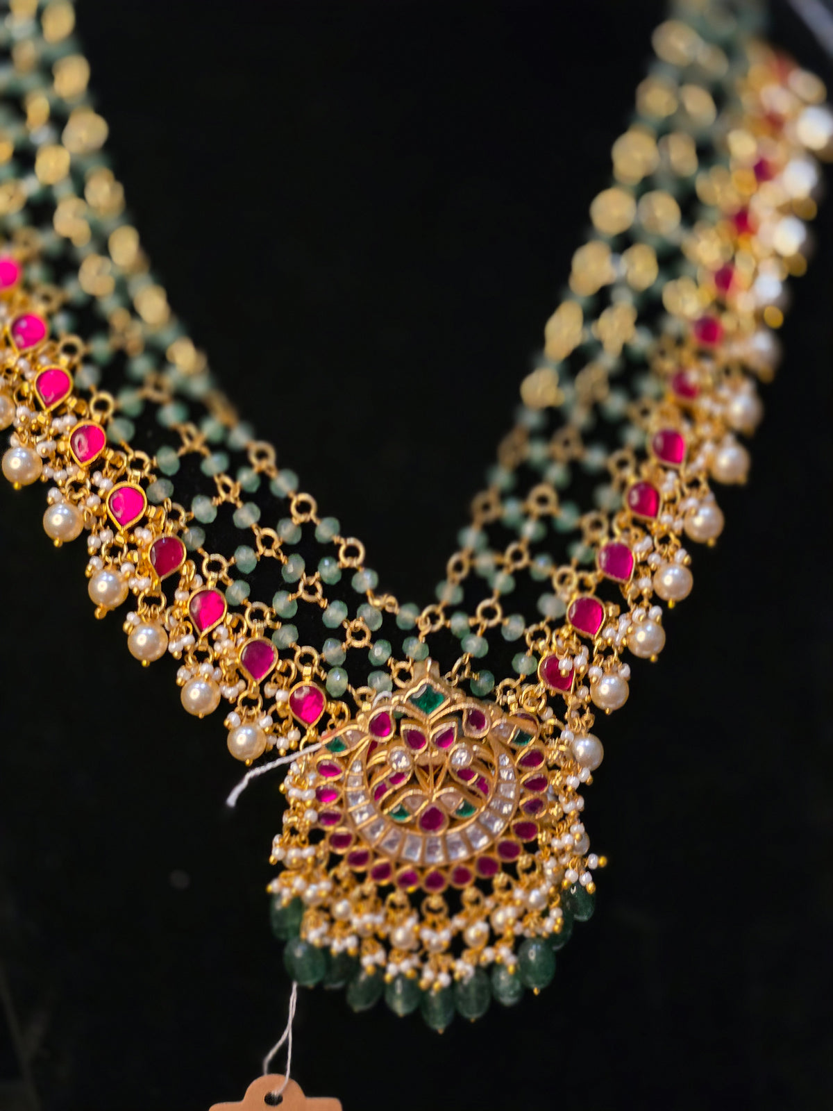 Mesh model beads with jadau kundan and pearl hanging necklace and jadau kundan brass pendent seperate
