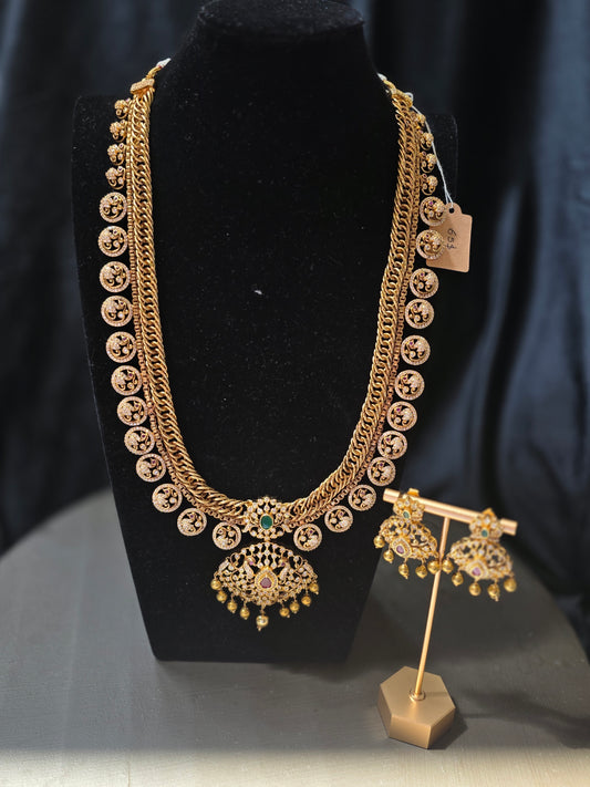 Antique Gold-Finish Gulabi & Bottu Mala Fusion Haram with Matching Earrings