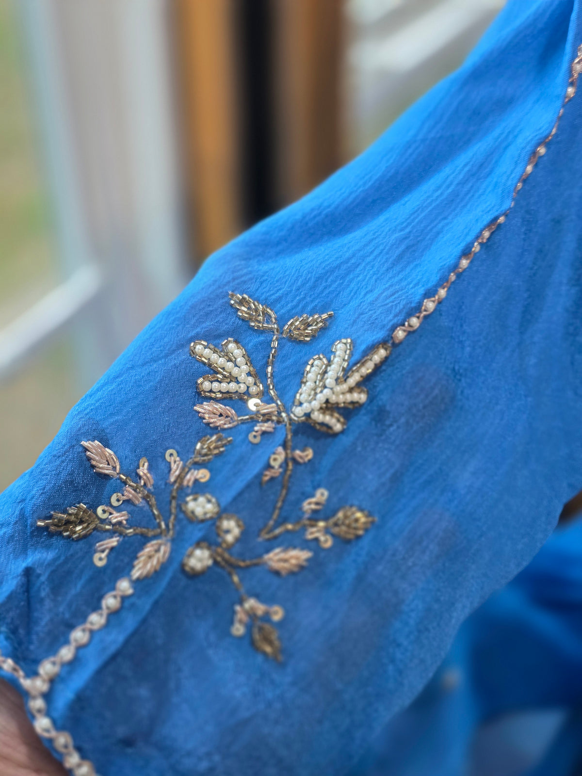 Royal Blue Chinon Silk Hand-Embroidered Suit Set with Dupatta & Pants – 3 Piece Partywear