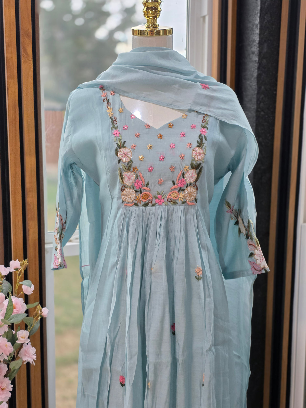 Soft elegant baby blue mull Chanderi 3pc set