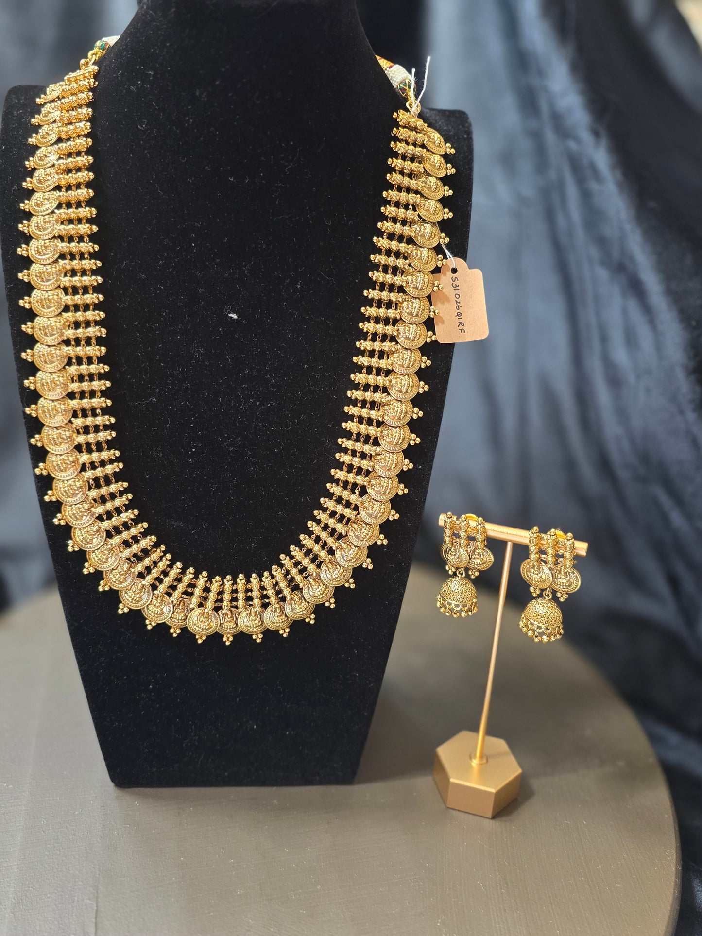 Traditional Kasu Mala Set with Matching Jhumka Earrings – Matte Gold Finish