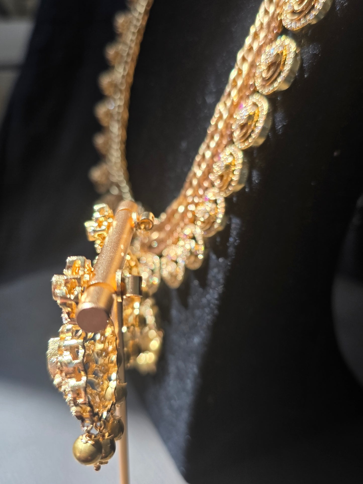 Antique Gold-Finish Gulabi & Bottu Mala Fusion Haram with Matching Earrings
