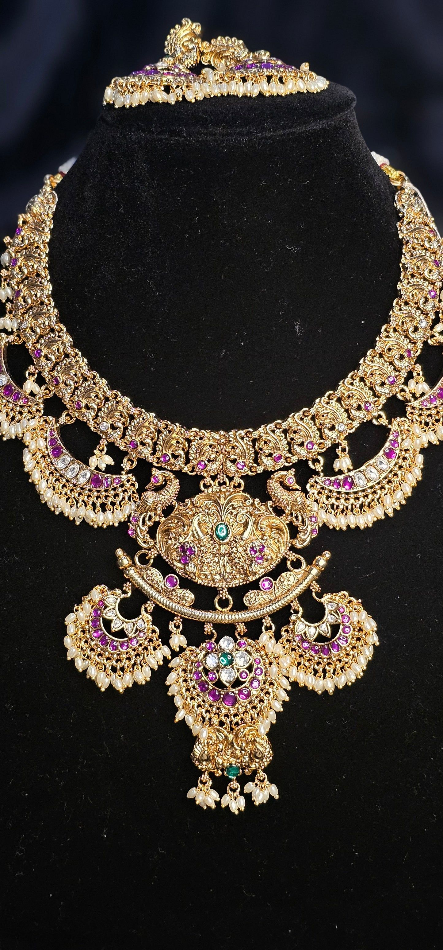 Antique Gold Replica Peacock Statement Necklace Set with Ruby & Emerald Kemp Stones