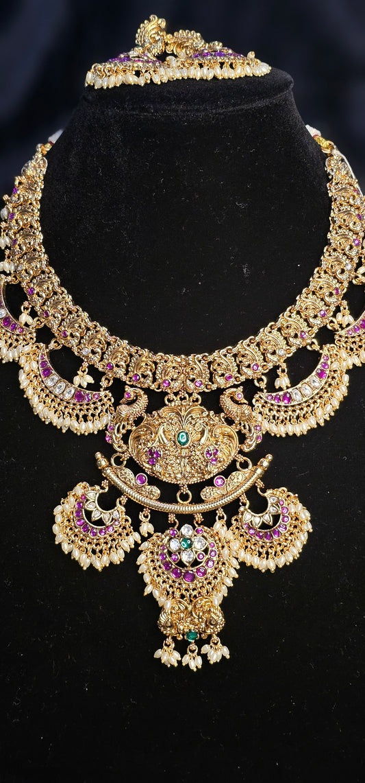 Antique Gold Replica Peacock Statement Necklace Set with Ruby & Emerald Kemp Stones